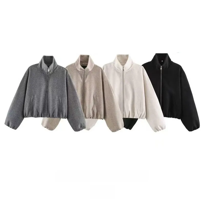 NINE ZAR Women's Pure Color Stand Collar Zipper Soft Pilot Jacket Outerwear Short Sleeve Long Zipper Other Material Short Style