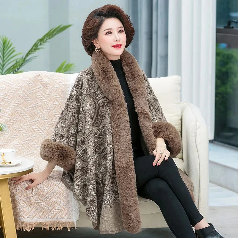 Big Fur Collar Shawl Jacket Autumn Winter Middle-aged Mother Loose Thick Cardigan Cloak Coat Women Casual Hooded Knitted Sweater