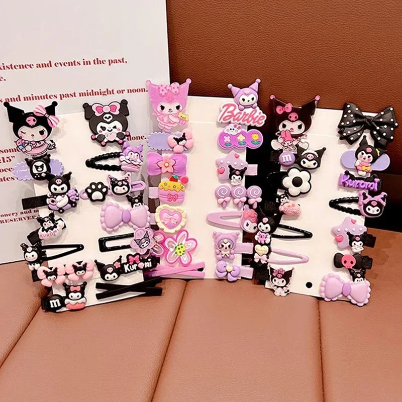 14pcs Sanrio Kuromi 여자를위한 귀여운 헤어 클립 모자를 쓰고 있죠 애니메이션 만화 패션 머리핀 헤어 액세서리 어린이 생일 크리스마스 선물