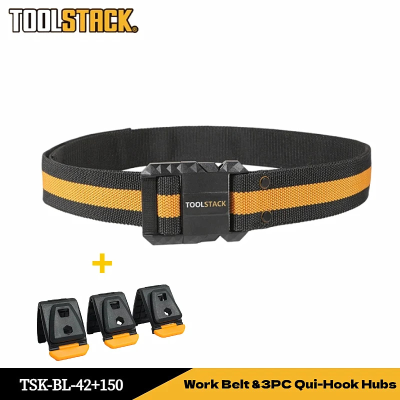 TOOLSTACK Work Belt Quick Release Steel Buckle Suspension Design Heavy Duty Back Support With 3PC Clip Hooks Hubs For Waist Bag