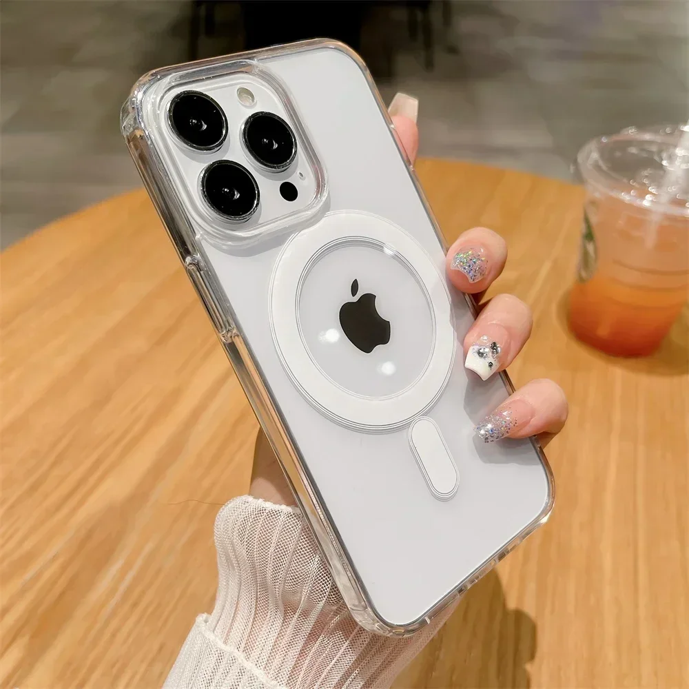เคสแม่เหล็กคริสตัลใสหรูหราสำหรับ MagSafe ชาร์จแบบไร้สายสำหรับ iPhone 16 15 14 13 11 Pro Max PLUS เคสฝาหลังป้องกัน