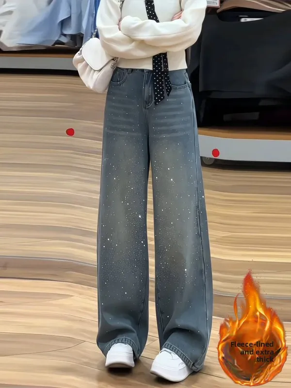 iny Fce Lined Wide Leg Jeans Loose Fit Thi Autumn Winter High Waist Commute Sle Water Waed Vintage Diamond Embelli...