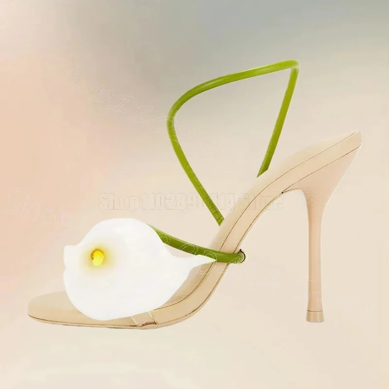 White Trumpet Flower Open Toe Sandals Slip On Women Shoes Thin High Heels Fashion Party Banquet Dating 2026 Zapatos Para Mujere