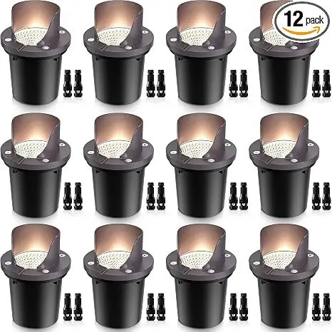 12-Pack 12W 3000K LED Low Voltage Landscape Well Lights, Shield Top | 12-24V AC/DC, Waterproof, Anti-Glare, Die-Cast Aluminum In-Ground Lights for Pathway Garden Yard, Connectors Included