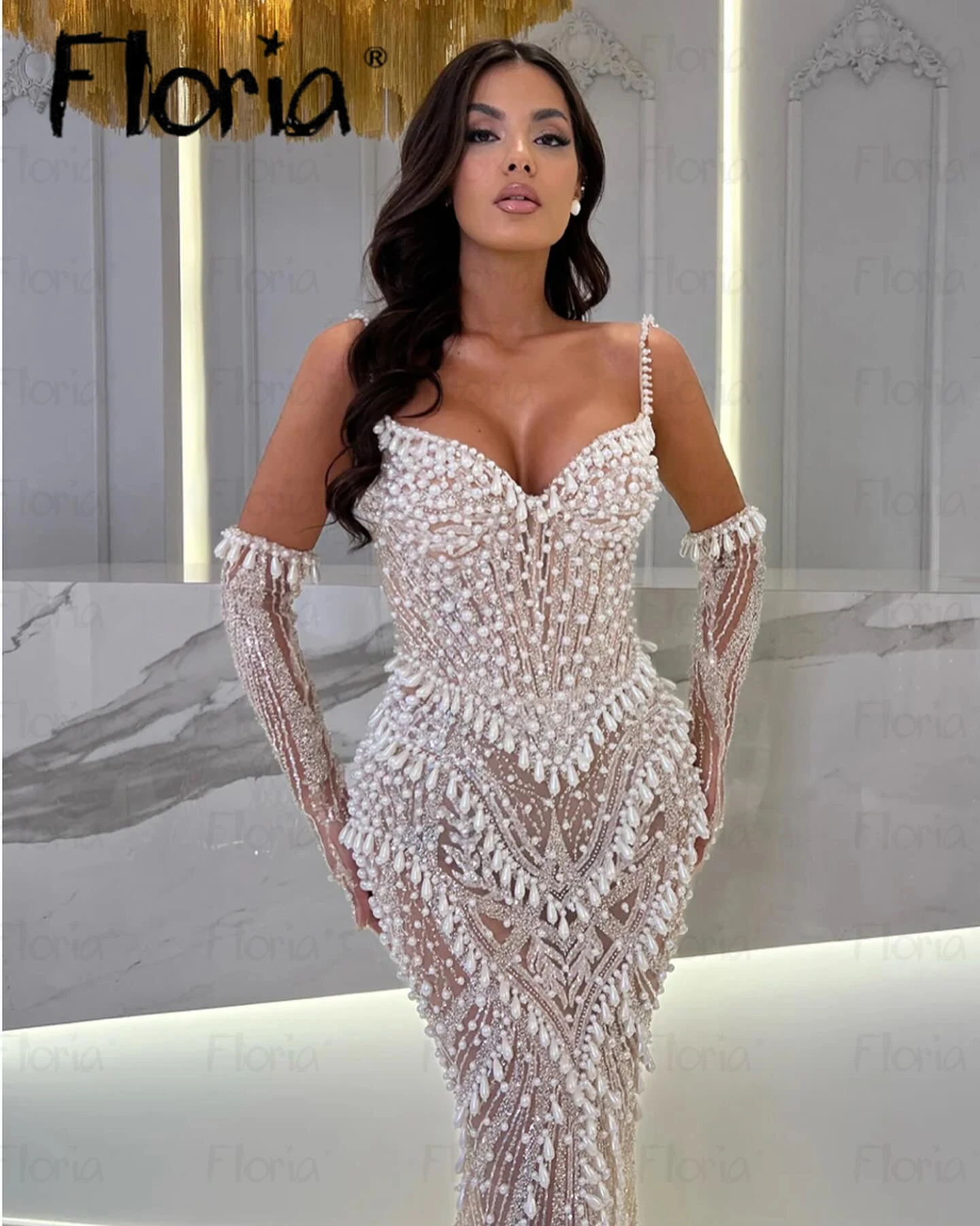 Chic Full Ivory Pearls Party Dress Removable Sleeves Long Mermaid Bride Prom Gowns Customize Luxury Sequins Celebrity Gowns 2024