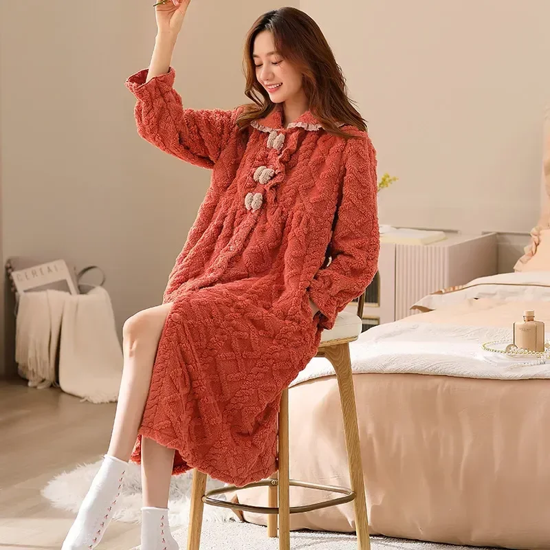 Keep Coral Women Sleepwear Nightgowns Warm Home Long Dress Autumn Clothes Bow Winter Sleepshirts Indoor Nightdress Robes Fleece