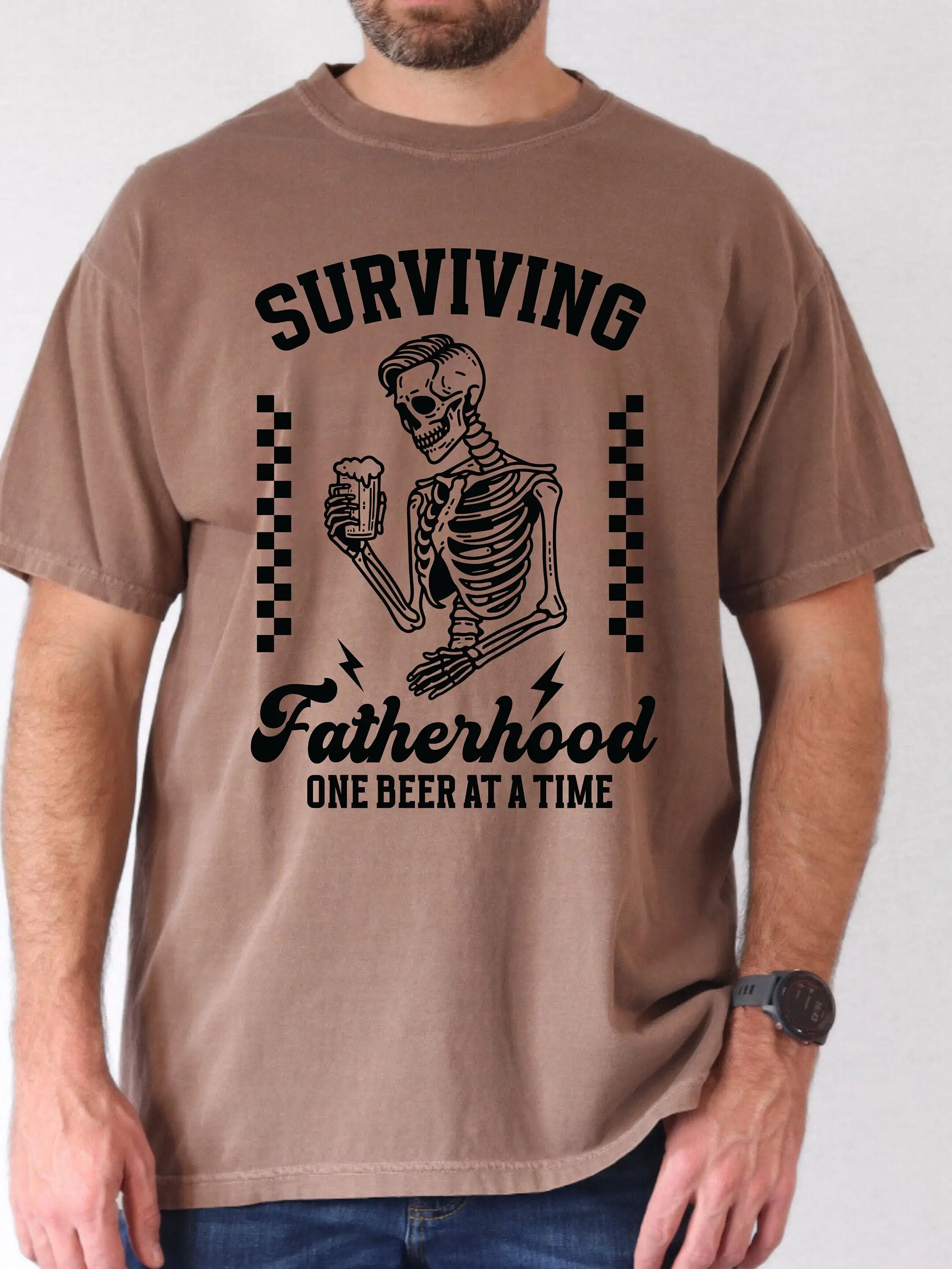 Funny Dad T Shirt Surviving Fatherhood One Beer At A Time Comfort Colors Trendy Father'S Day Grunge Skeleton