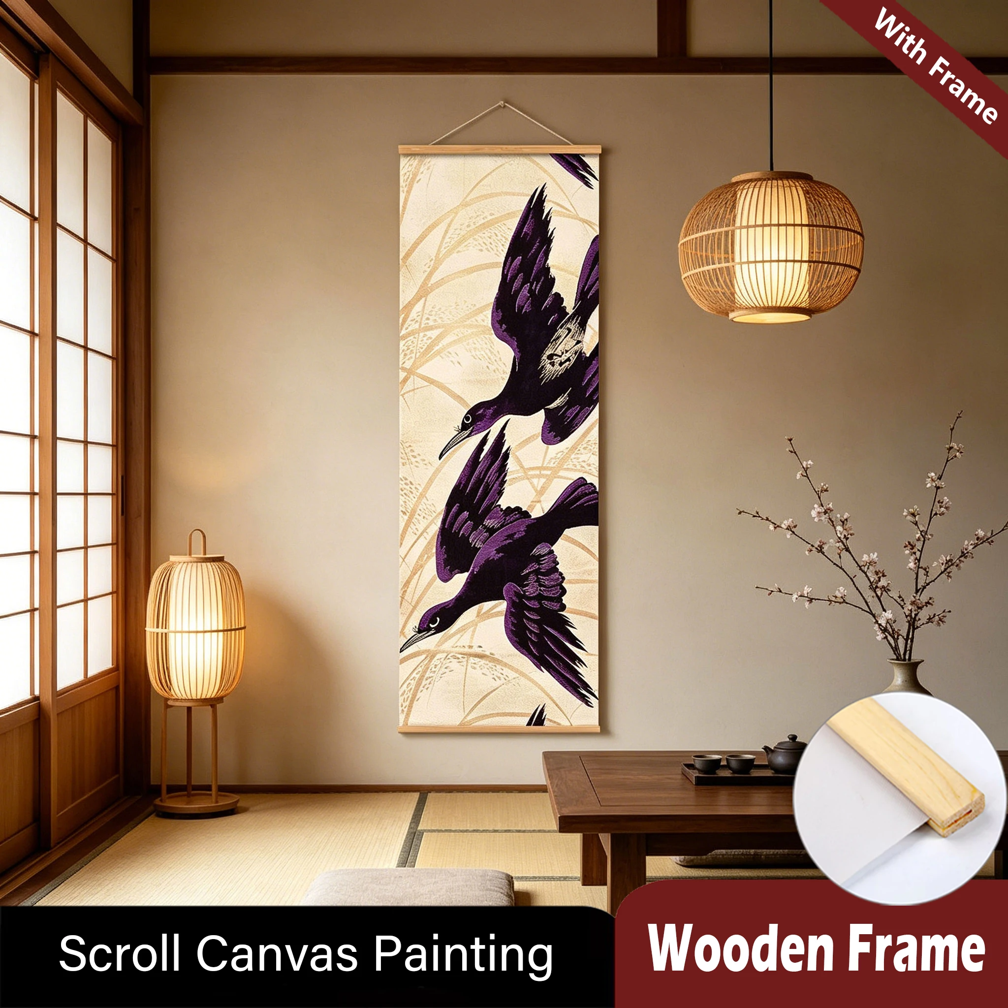 

Japanese Ukiyoe Dyeing Scroll Painting Abstract Vintage Art Multicolored Pattern Wall Picture Scroll Poster Wooden Frame