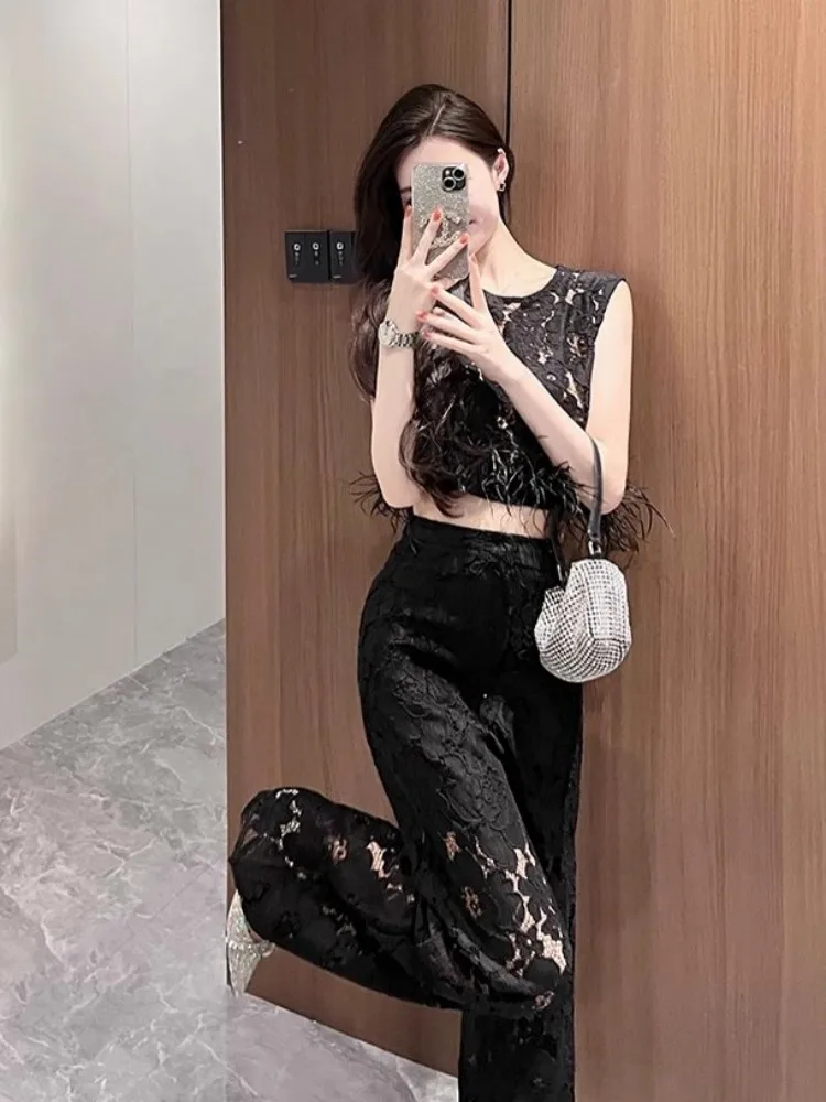 Office Ladies Hollow Out Flower Lace Sleeveless Cropped top High Waist Wide Leg Pants Two Piece Set Elegant Summer Women Sets