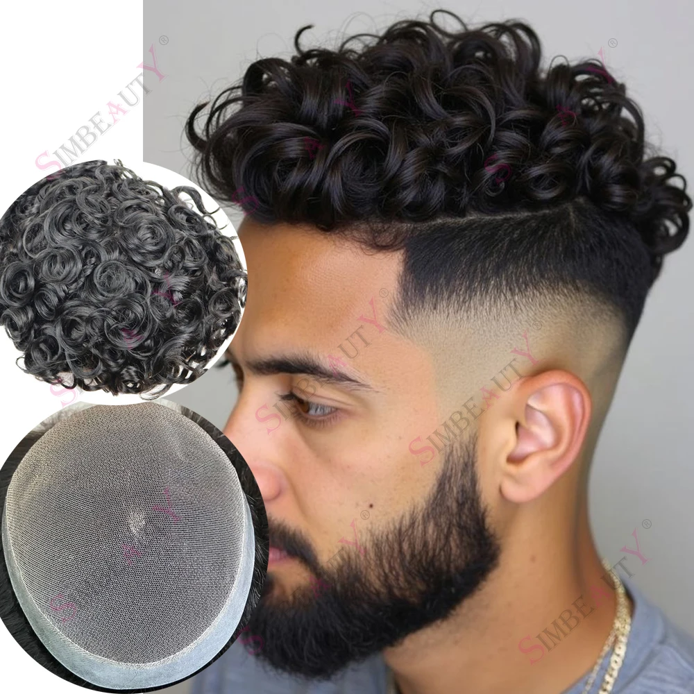 

28mm 26mm Curly Men's Wig 100% HumanHair Australia Black Brown Toupee Super Durable Lace PU Base Men Capillary Prosthesis System