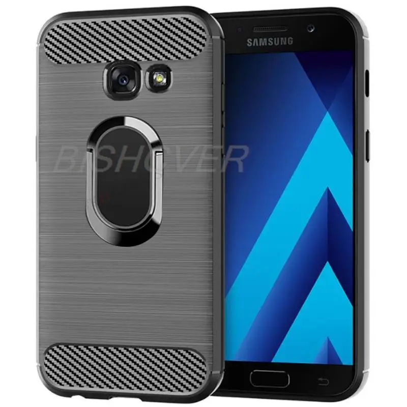 Soft Silicone Carbon Fiber Brushed Case For Samsung Galaxy A5 A3 A7 2017 SM A320F A520F A720F Ring Holder Stand Protective Cover