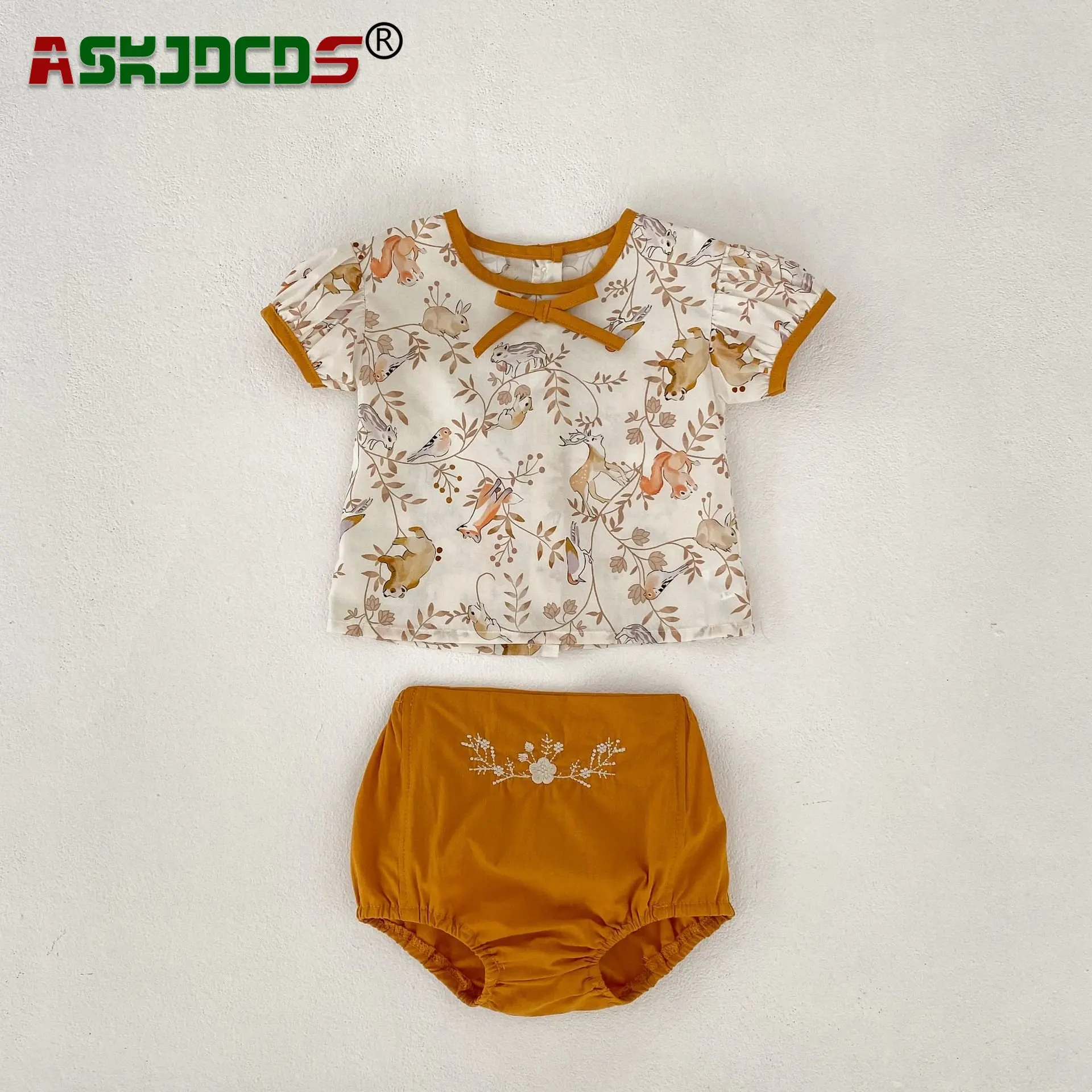 

New In Summer Shorts Kids 0-3Y Pure Cotton Clothing Set 2pcs Infant Baby Girls Short Sleeve Bow Print Top T-shirts+embroidert