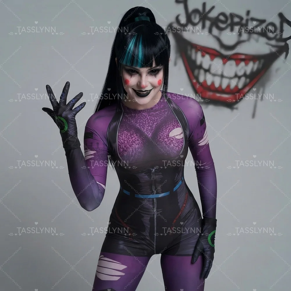 Cyber Punk Clown Girl Punchline Cosplay Zentai Bodysuit Purple Black Print Full Body Jumpsuit Halloween Cos Costume