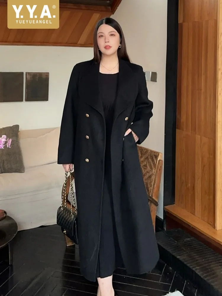 

Autumn Winter Office Ladies Long Woolen Coat Loose Fit Double Breasted Women Wool Blends Top Quality Turndown Collar Outerwear
