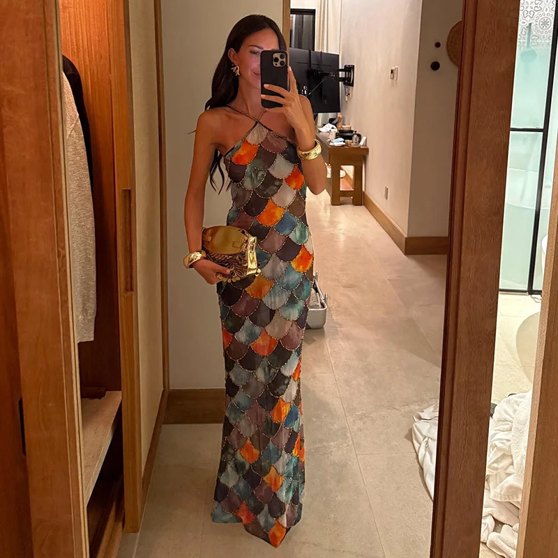 Seksowny nadruk długa sukienka wiązana na szyi damska bez rękawów Backless pakiet biodrowy kobiece sukienki imprezowe 2025 wiosna lato Lady błyszczące szaty nowość