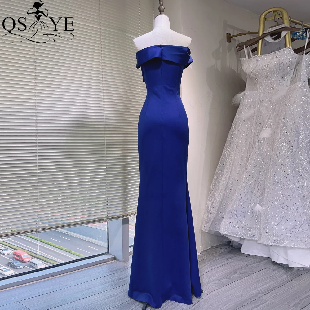 QSYYE-Robe de Soirée Sirène en Satin artificiel astique, Décolmétrage Sans Bretelles, Ajustée, Fente Latérale, Bleu Marine