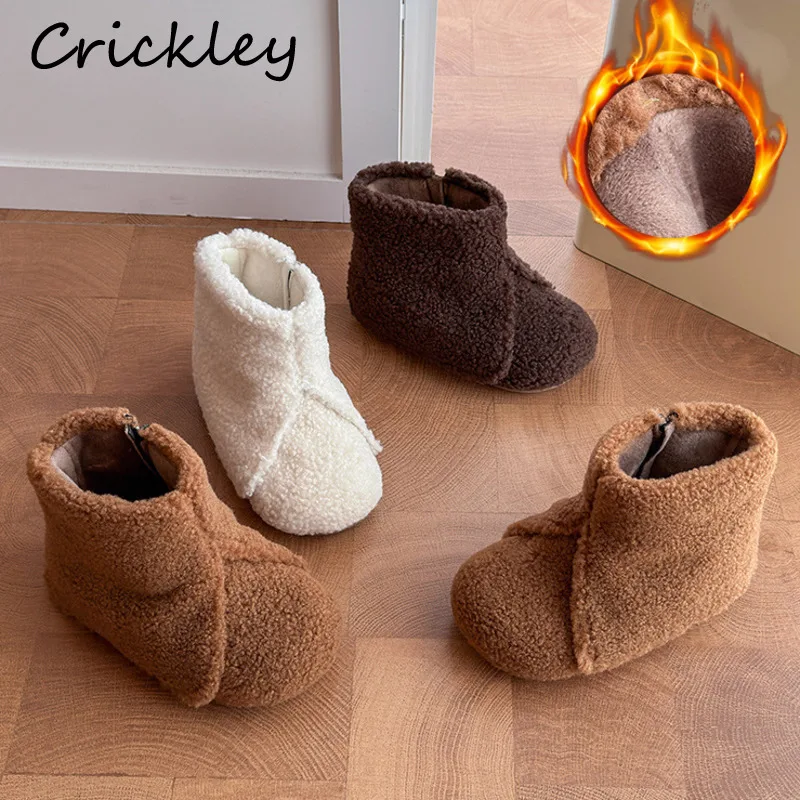 Solid Fluffy Children Fashion Boots Winter Fleece Warm Zip Girls Ankle Shoes Winter Soft Anti Slip Kids Short Boots
