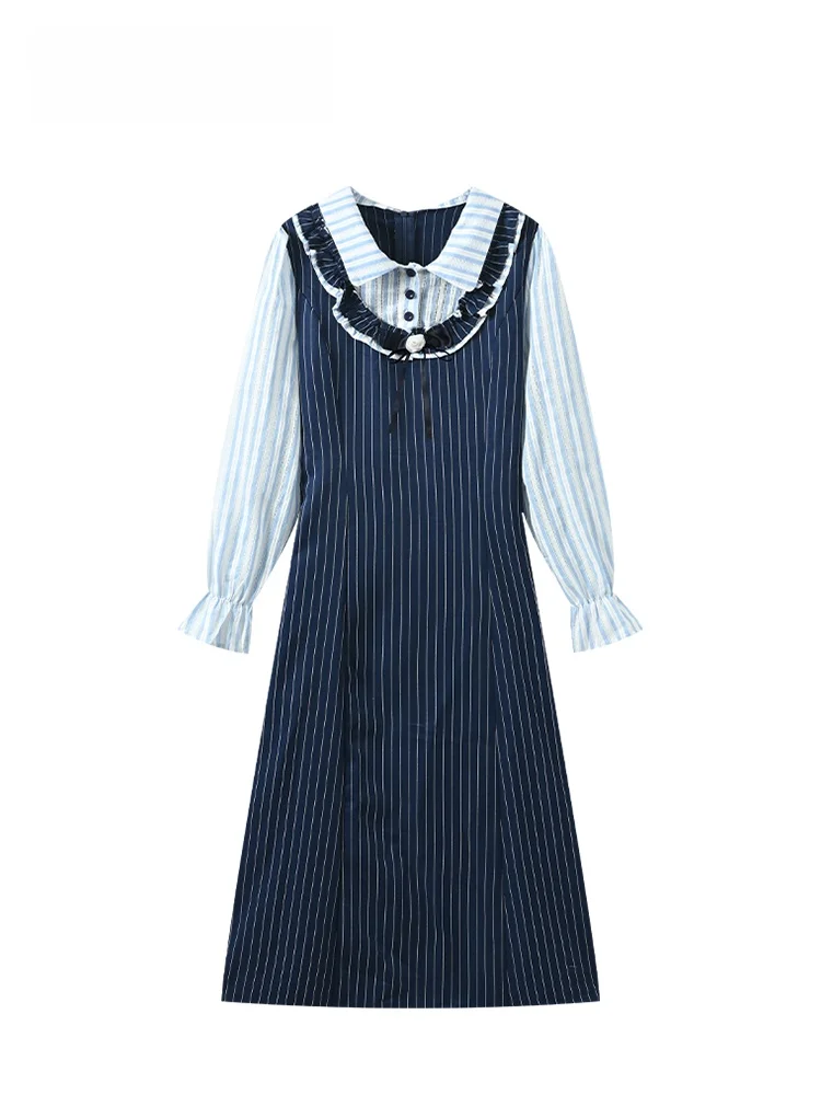 

Повседневное женское платье с длинным рукавом и воротником-стойкой, больших размеров, весеннее, комфортное, для работы, с завышенной талией, А-силуэт