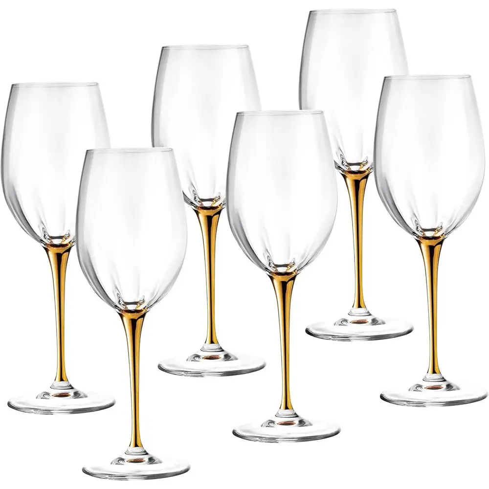 

White Wine Glass - Crystal Glass - Water Glass - Shiny Gold Stem - Stemmed Glasses - Set of 6 Goblets - 14 oz Made in Europe