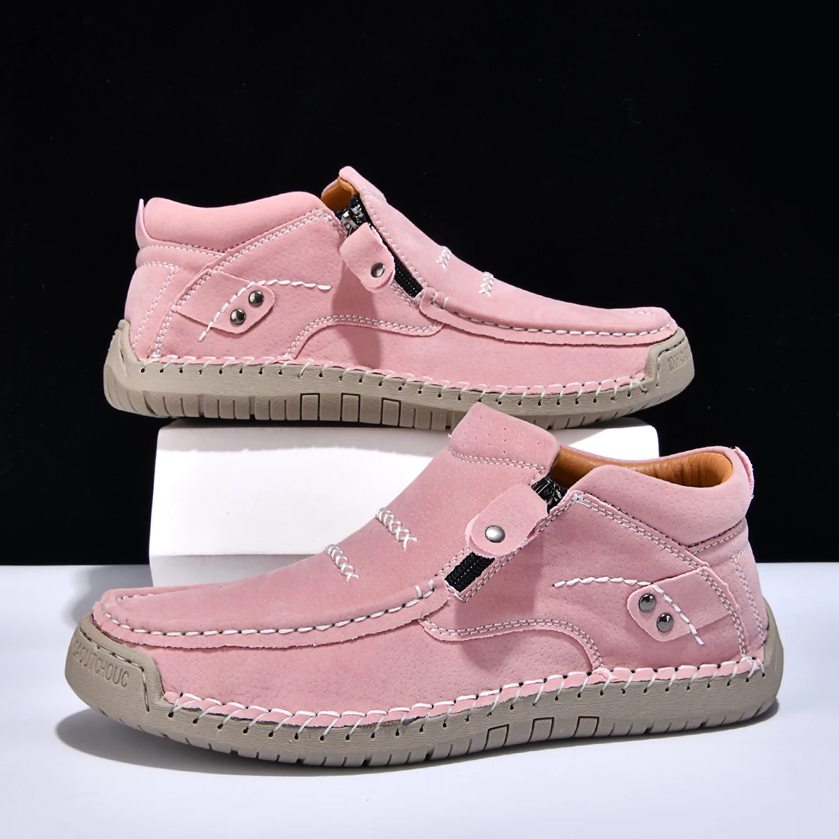 Women's Vintage Hand Stitched Ankle Boots Side Zipper Soft Rubber Sole Casual Slip On Walking Driving Flat Shoes