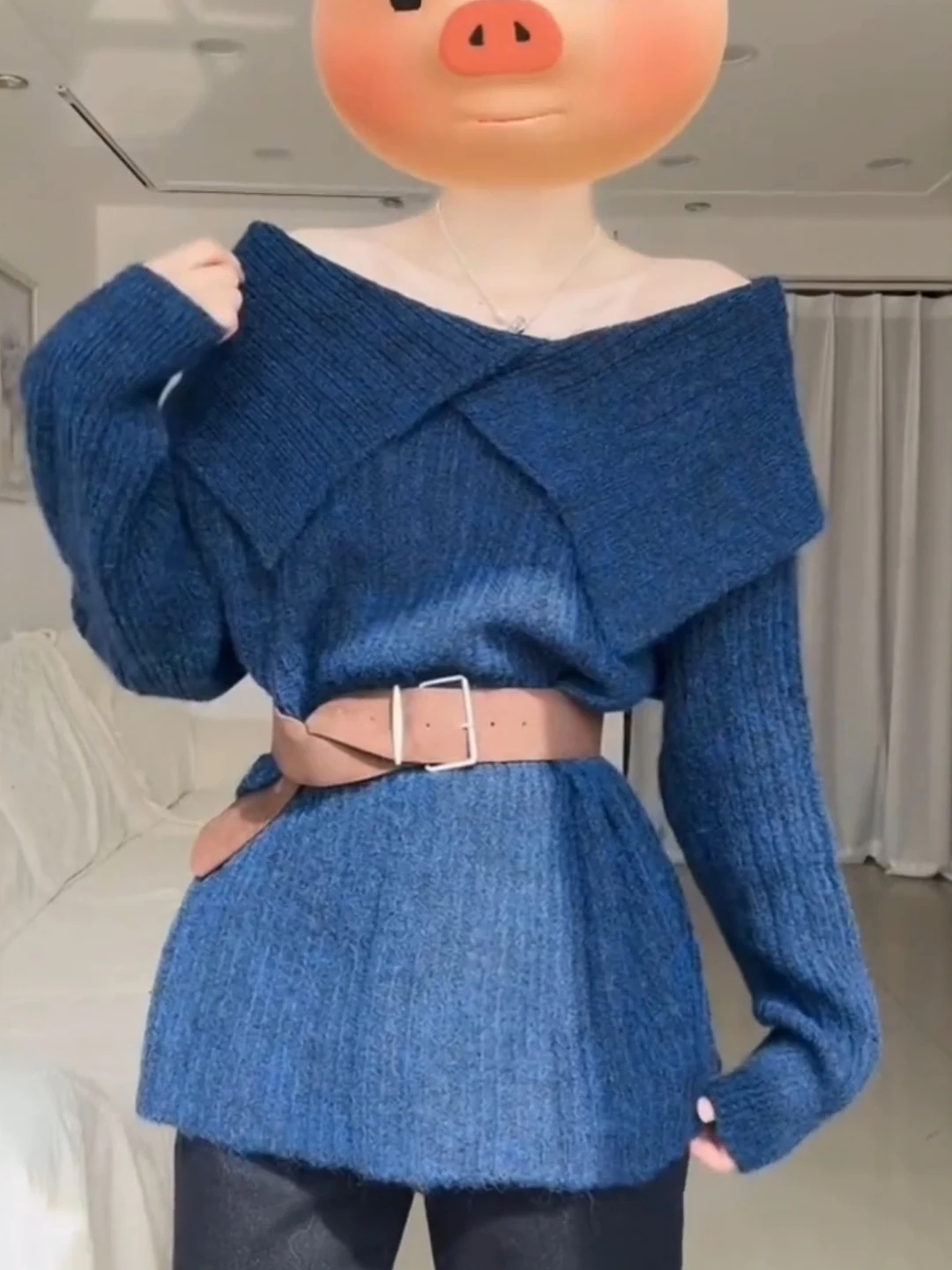 Pull tricoté bleu doux à une épaule pour femme, haut Long à col rabattu, décontracté et confortable, automne-hiver