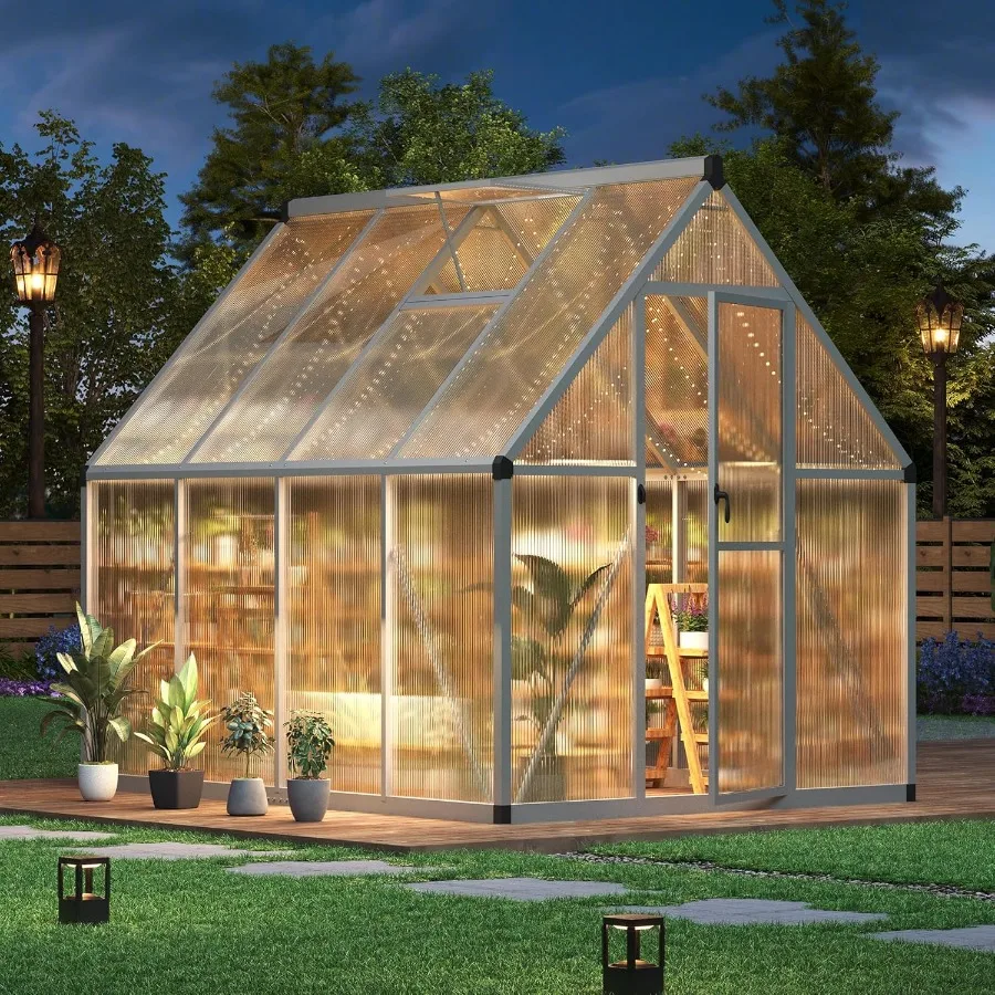 

GarveeHome 6×7 FT Outdoor Greenhouse Large Walk in Greenhouses for Outdoors and Garden Planting Polycarbonate Greenhouse with E