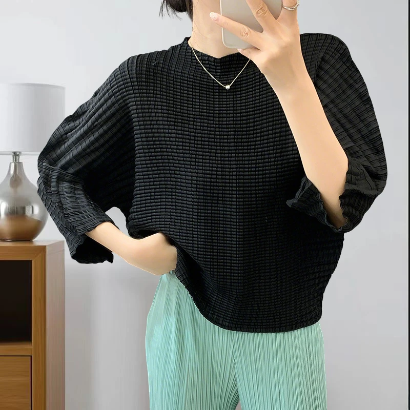 

Плиссированная футболка Miyake, пуловер ручной работы с полуводолазкой, осень-зима 2021, женская футболка со складками, свободные топы, женские Hundred Tide