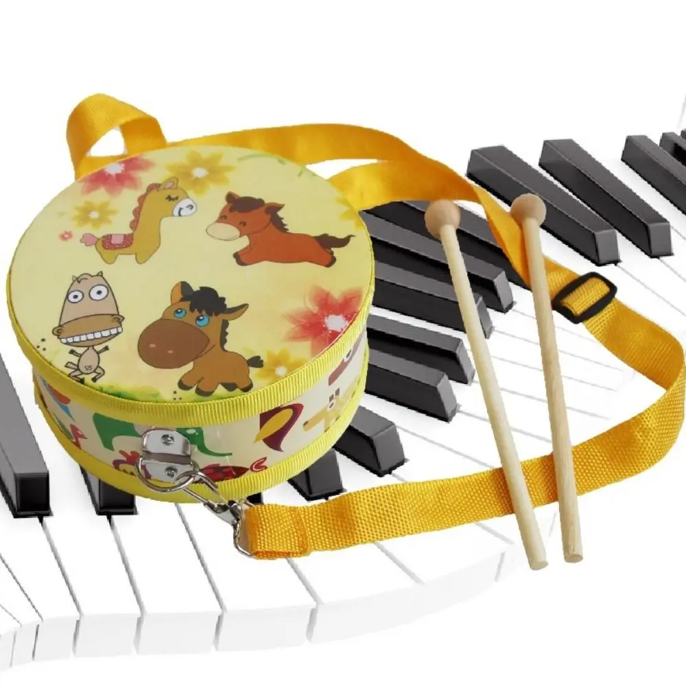 Wooden Children's Drum Animal Pattern Double Sided Musical Instrument Cartoon Drum Sticks Strap Kids Hand Drum Toddler Kids