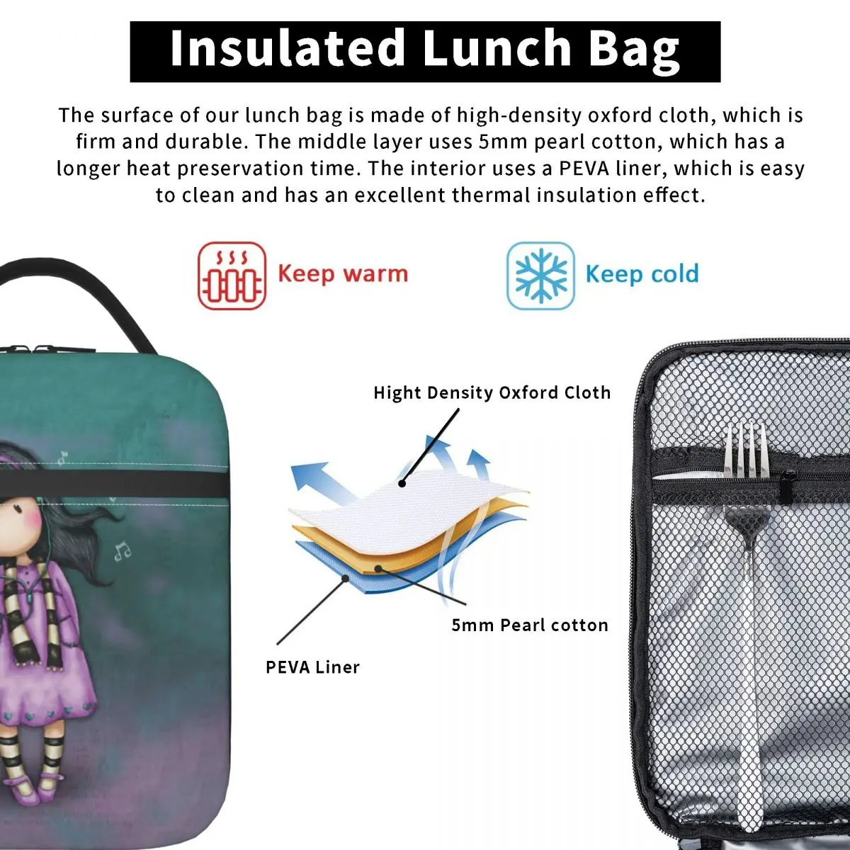 Santoro Gorjuss Doll Insulated Lunch Bag Thermal Bag  Lunch Container Little Song Large Tote Lunch Box Food Handbags Outdoor