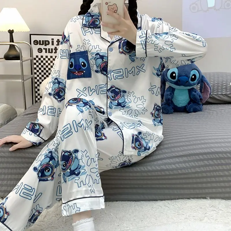 Stitch winter ice silk long-sleeved cartoon pajamas cardigan loose Disney new two-piece set women\'s pajamas loungewear set