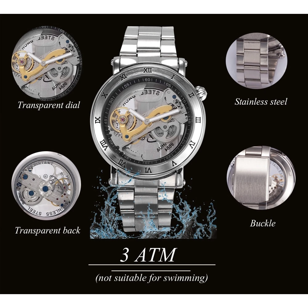 SHENHUA 남성용 투명 자동 기계식 시계, 스테인리스 스틸 스트랩, 빈티지 스켈레톤 시계, 야광 남성 시계