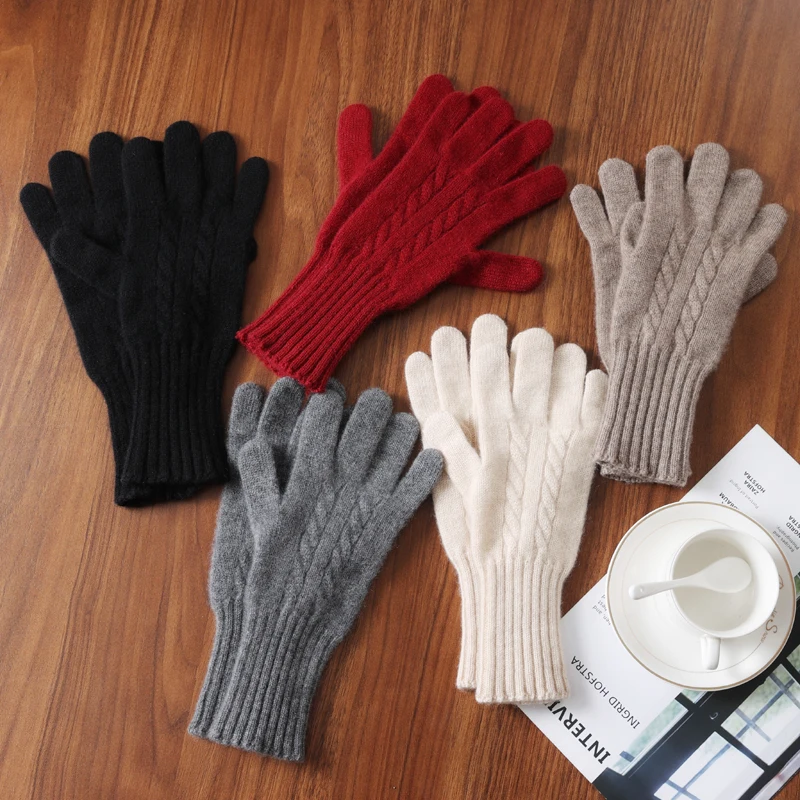 100% Pure Wool Touchscreen Gloves Long Tube Braided Non-Slip Warm Fingered Cycling Driving Gloves Five-Finger Cold-Proof