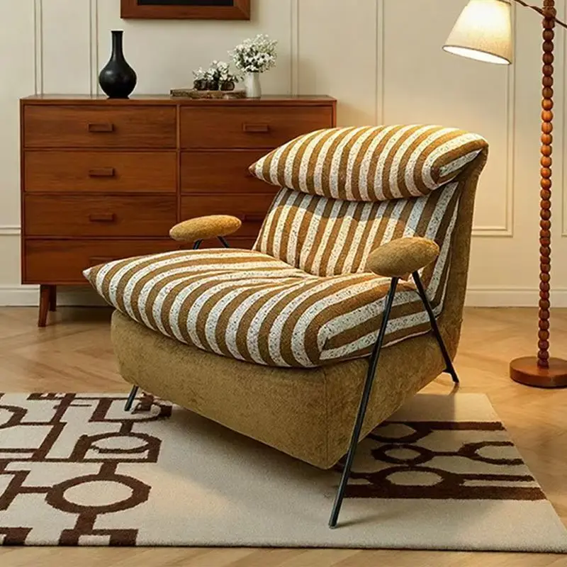 

Leather Leisure Chair Living Room Sofa Chair Balcony Single Chair Top Layer Cowhide Fabric Down Soft Bag