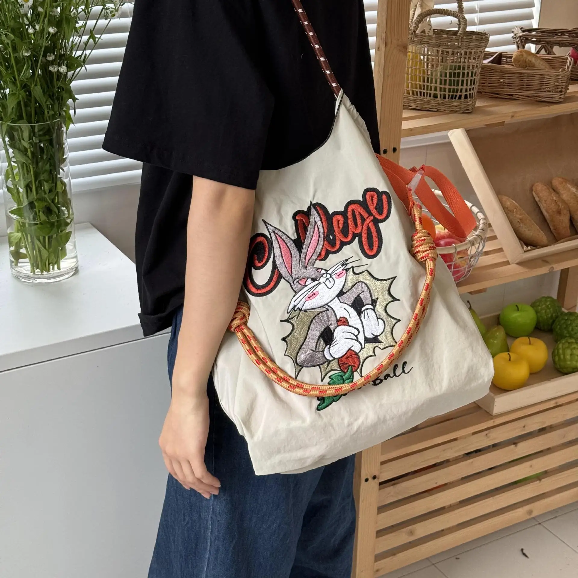 Kawaii Ball Guanchain Reusable Bag Anime Cartoon Japanese Delicately Embroidered Nylon Shopping for Women Carrying Shoulder Bag