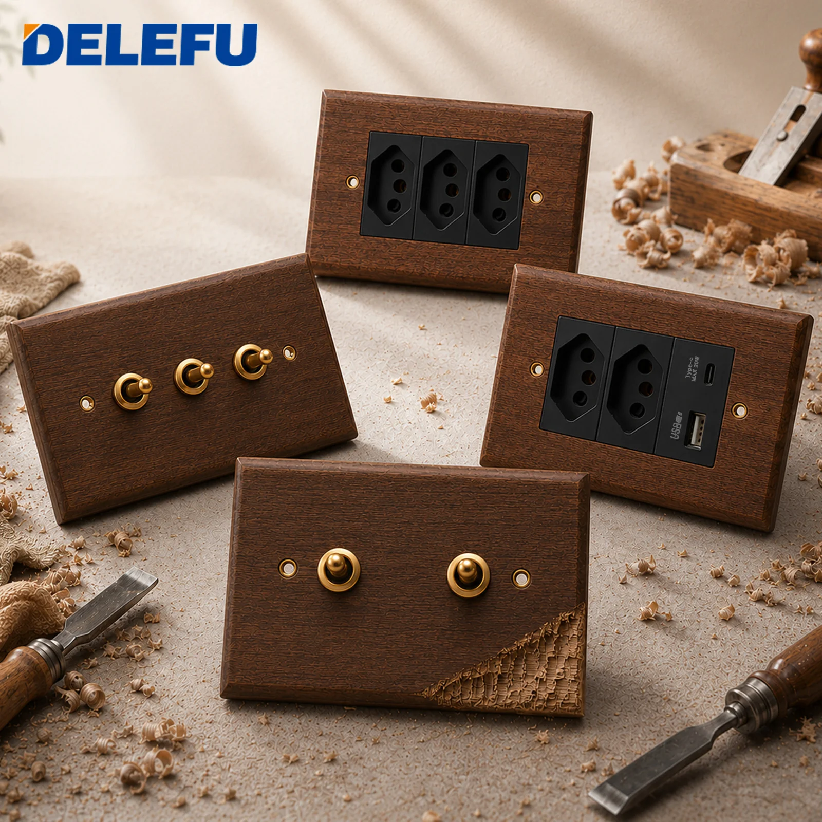 DELEFU Solid Walnut Wood Wall Switch Socket Retro Brass Toggle Switch 1/2/3 Gang Brazilian Type N Outlet 20W USB Type-C image 3