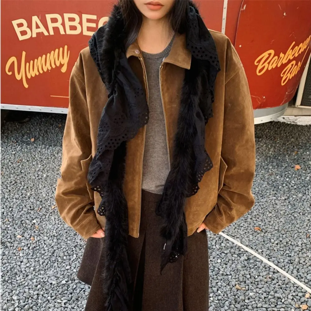 

Милый кружевной шарф Y2k, утепленная теплая плюшевая шаль, однотонные зимние шарфы для девочек, студенческие шарфы