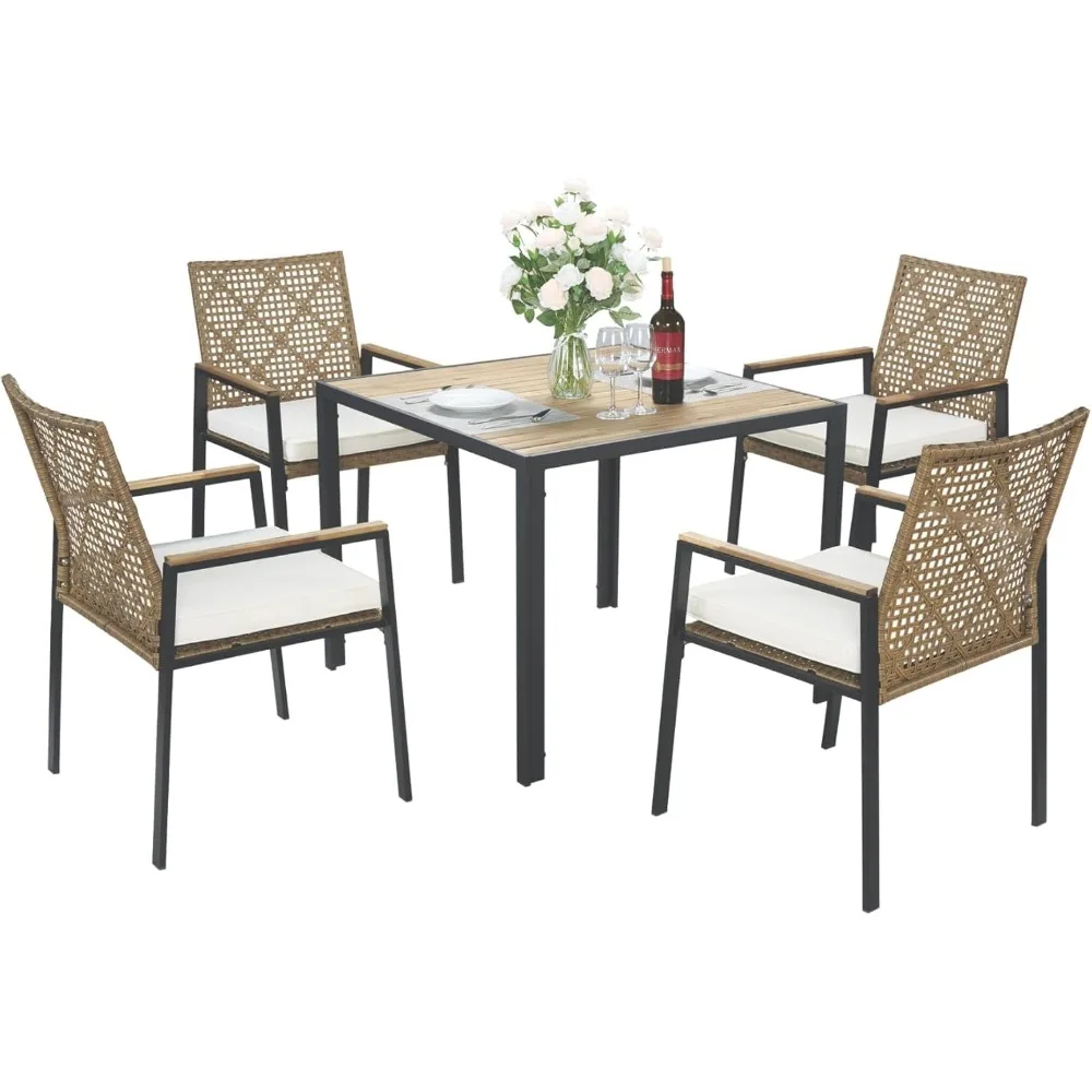 

5 Piece Outdoor Dinner Set of 5, Patio Acacia Wood Table with Umbrella Hole and 4 Wicker Chairs for Lawn and Backyard