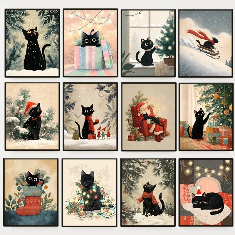Winter Landscape Black Cat Santa Claus Christmas Poster Vintage Cozy Xmas Animal Canvas Painting Wall Art Living Room Home Decor