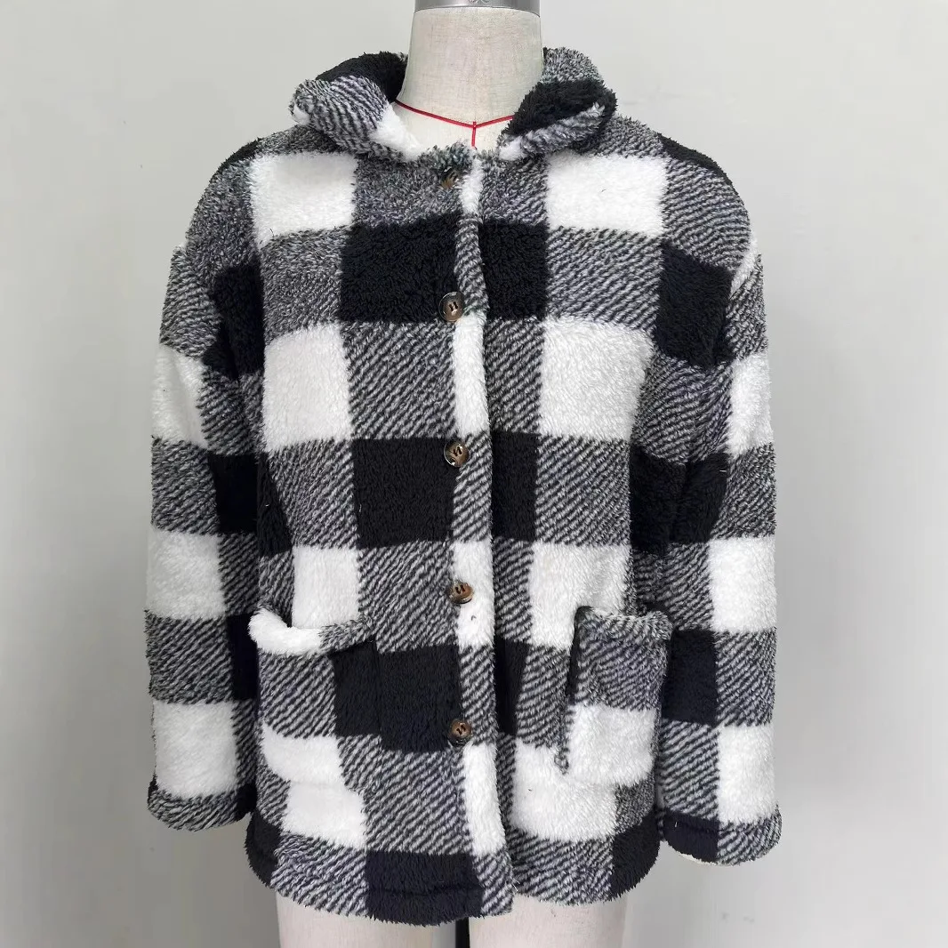 

Women Lapel Long Sleeve Mid-length Plaid Single-breasted Fleece Casual Loose Coat Print Fake Pockets Fall Winter Plus Size