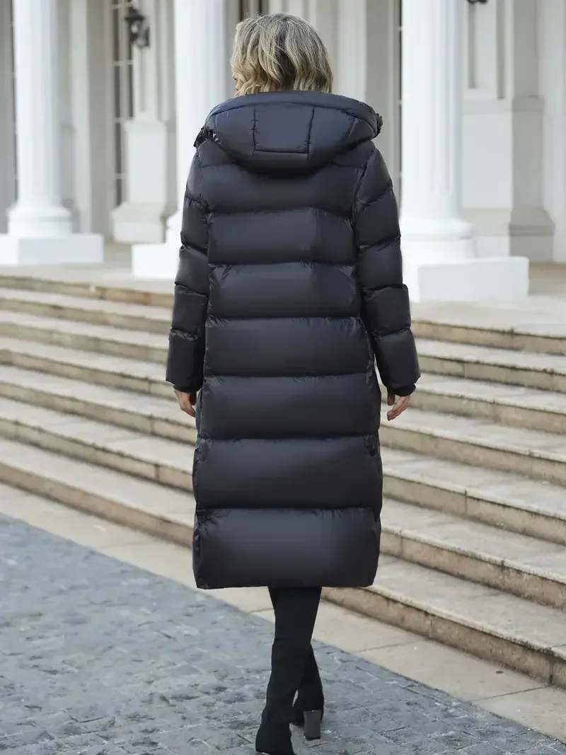 Doudoune longue à capuche pour femme, manteau en coton noir, streetwear chaud, vêtements d'extérieur en plumes, garder l'épaississement, femme, hiver, mode, 2024