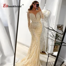 Elegant Mermaid Pearls Evening Dress for Women 2024 Luxury Muslim O Neck Long Sleeves Formal Prom Wedding Party Gowns Customized