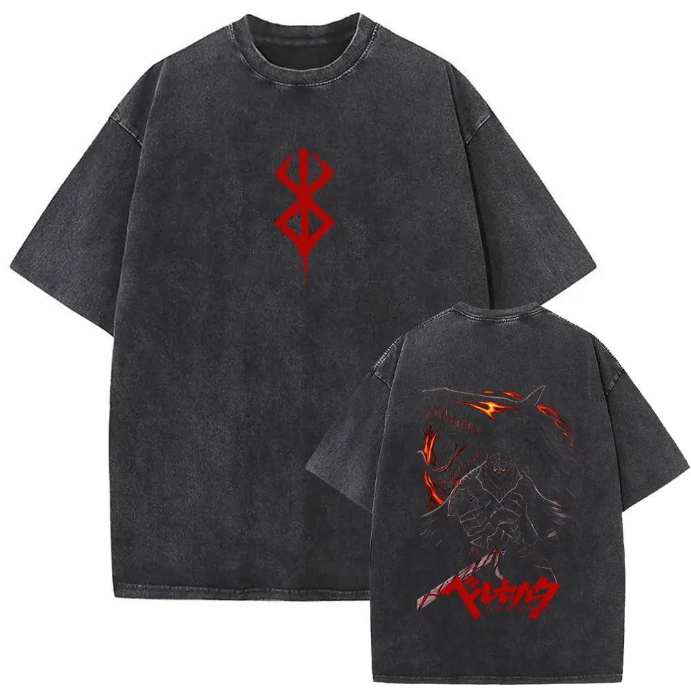 Anime Berserk Guts Nosferatu Zodd Washed Vintage T-shirt Retro Manga Gatsu Griffith T Shirt Men Women Casual Oversized T-shirts