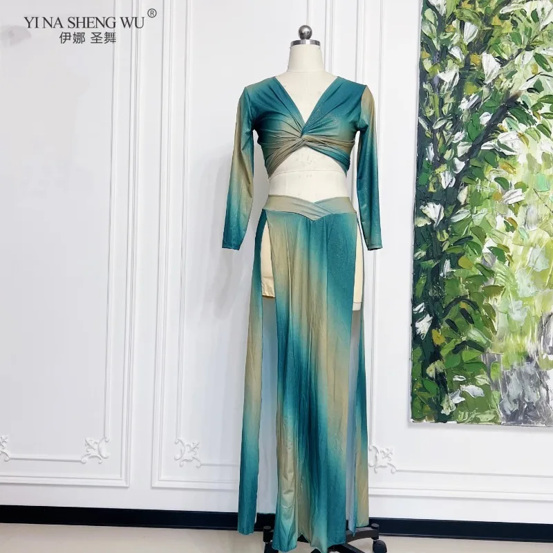 Feminino novo oriental dança do ventre desempenho traje de cintura alta dupla fenda saia longa prática terno dancewear roupas
