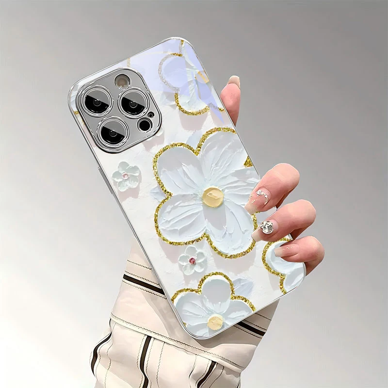 Edge White Blooms Electroplated Silver Phone Case For iPhone 18 17 16 15 14 13 12 11 Pro Max Plus 16E Xr 7 8 Xs Air Glass Cover