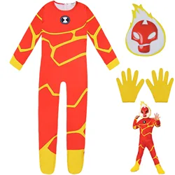 Kids Halloween Costume Anime Cartoon Ben 10 Fireman Cosplay Bodysuit Boys Carnival Party Clothing Children Fancy Jumpsuits+mask