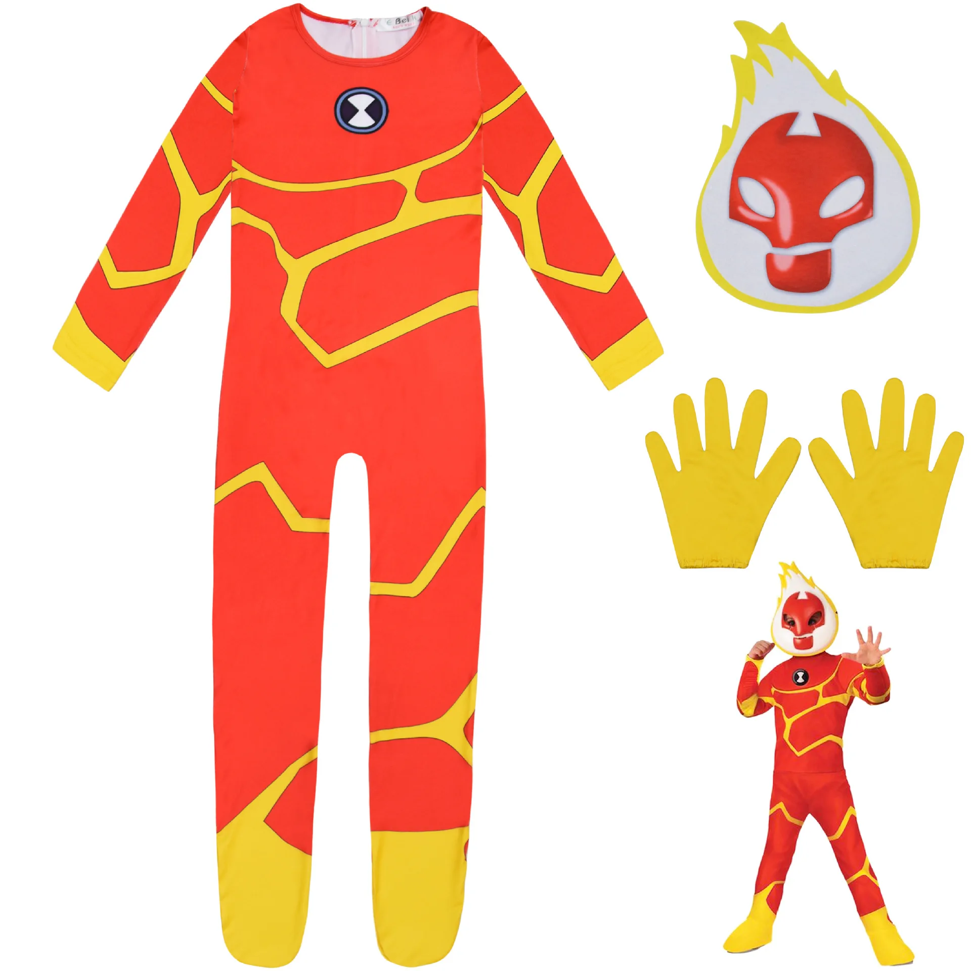 Kids Halloween Costume Anime Cartoon Ben 10 Fireman Cosplay Bodysuit Boys Carnival Party Clothing Children Fancy Jumpsuits+mask