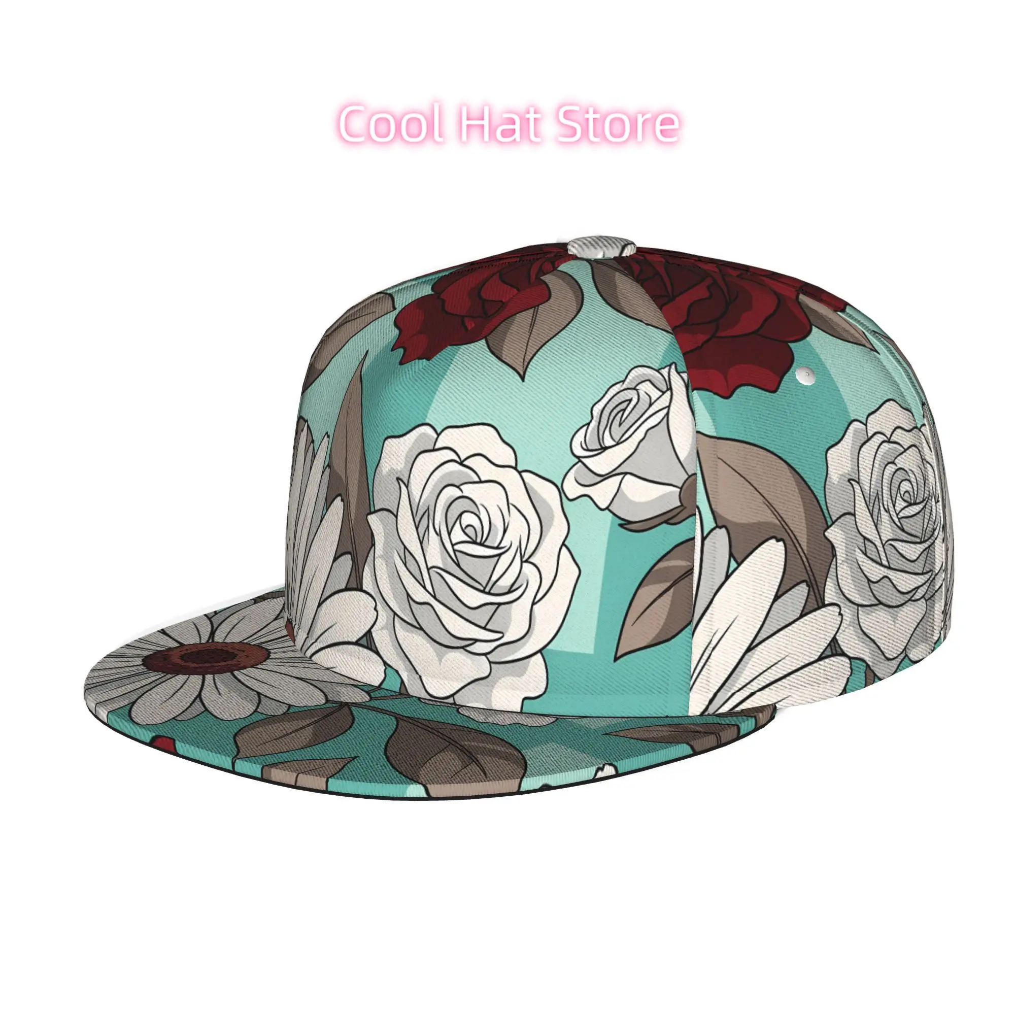 Floral Pattern with Roses and Daisy, Men Women Unisex Flat Brim Baseball Cap, Hip Hop Streetwear Snapback Trucker Hat for Skateb