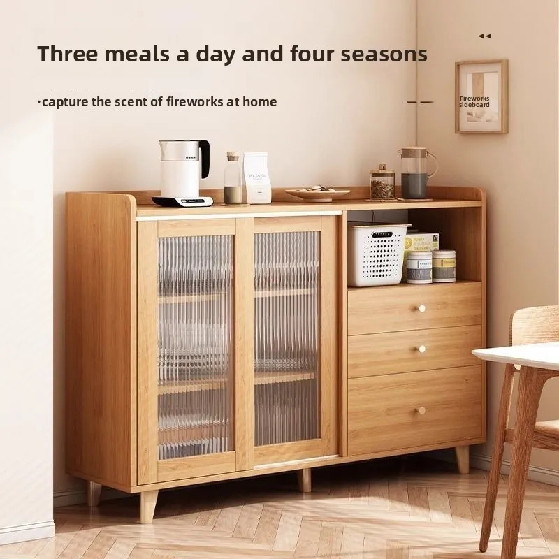 Japanese Style Sideboard Cabinet Wall Storage Wood Color Living Room Tea Bar Kitchen Cupboard Dish Cabinet Organizer Space Saver