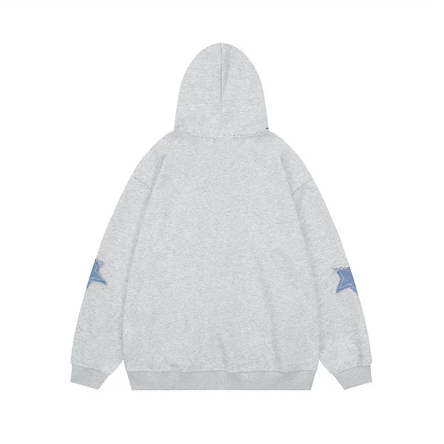 Vintage Star Patch Hooded Sweatshirt Fall and Winter Fleece Loose Casual Couple Cardigan Jacket