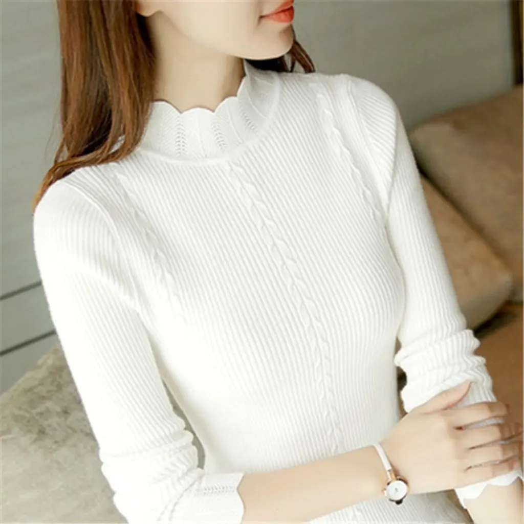 

Women's Long-Sleeved Pullover Knitwear Short Half Turtleneck Lotus Leaf Sleeve Slim Fit Core-Spun Yarn Shirt New